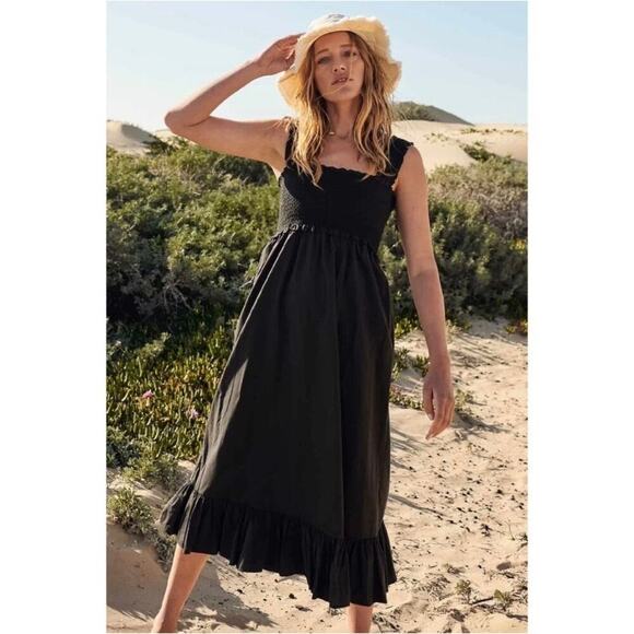 Rails Rumi Smocked Midi Dress Womens Size XL Black Ruffle Hem Cotton Tencel - Picture 1 of 8